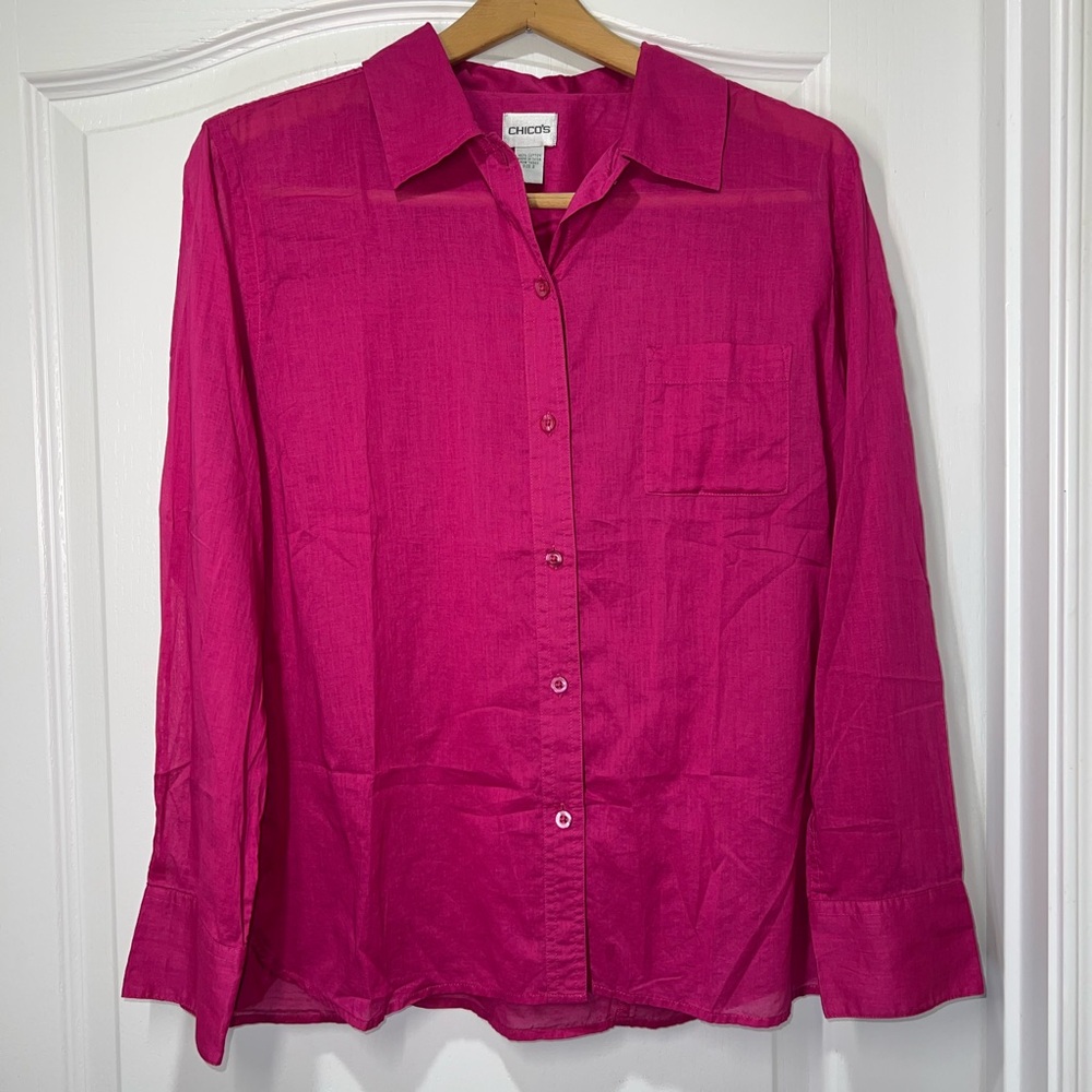 Chico’s Long Sleeve Sheer Button Down Collared Blouse Magenta Women’s Size 2